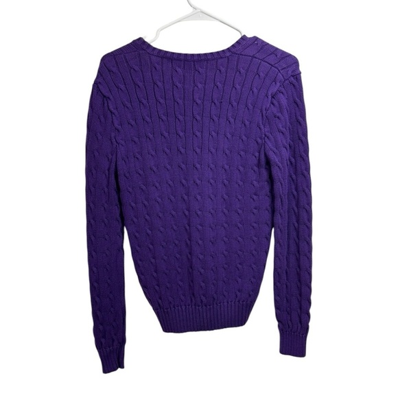 Vintage Ralph Lauren Sport Size M/L Sweater Purple Cable Knit V Neck Green Pony - Picture 2 of 5